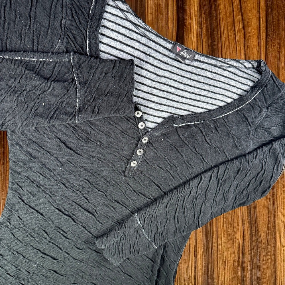 Guess Henley Top Women M‎ Blouse Ruched Black Peasant Striped Textured Lounge